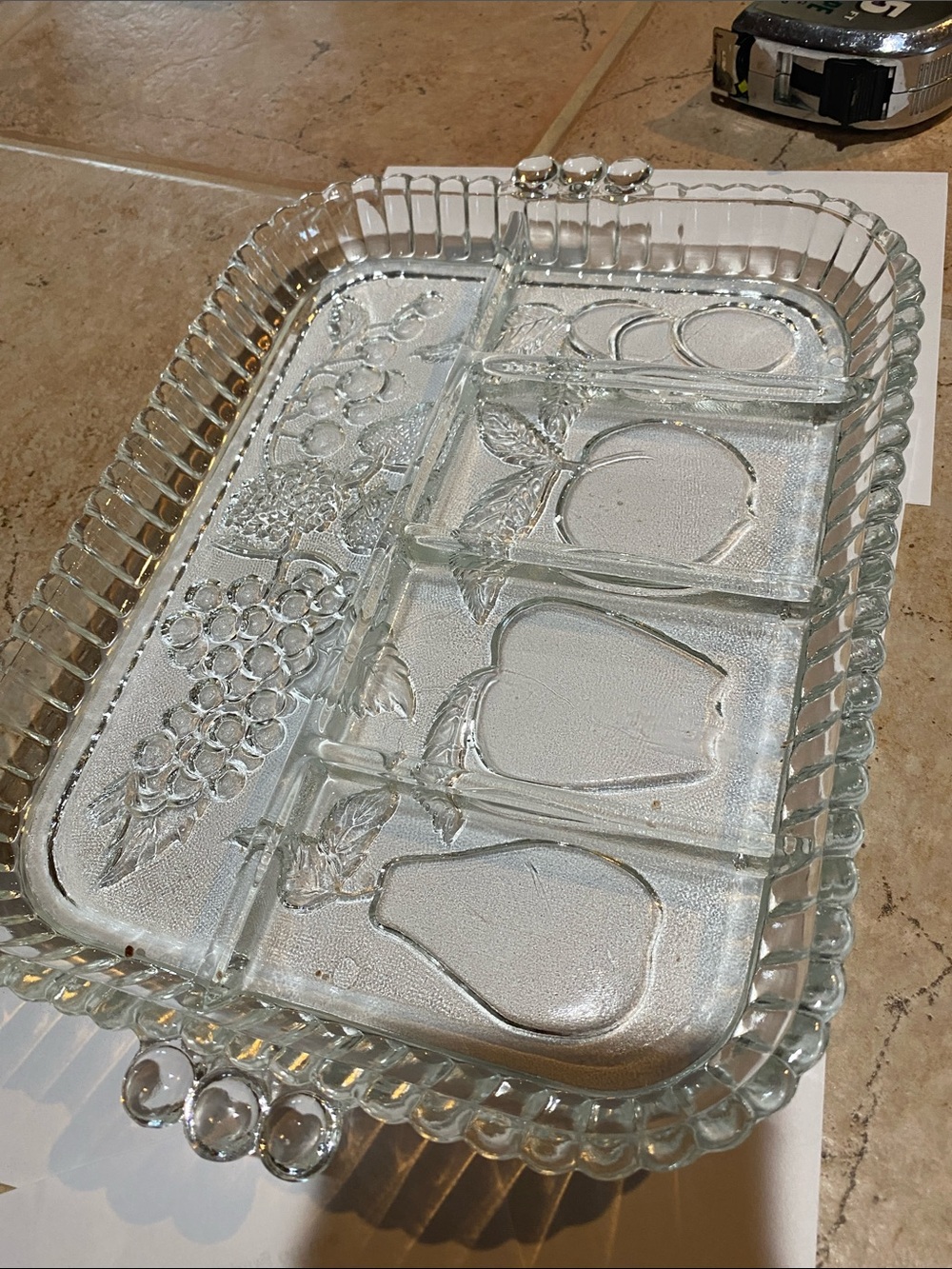 Glass Divided Serving Tray with Fruit Motif - Clear